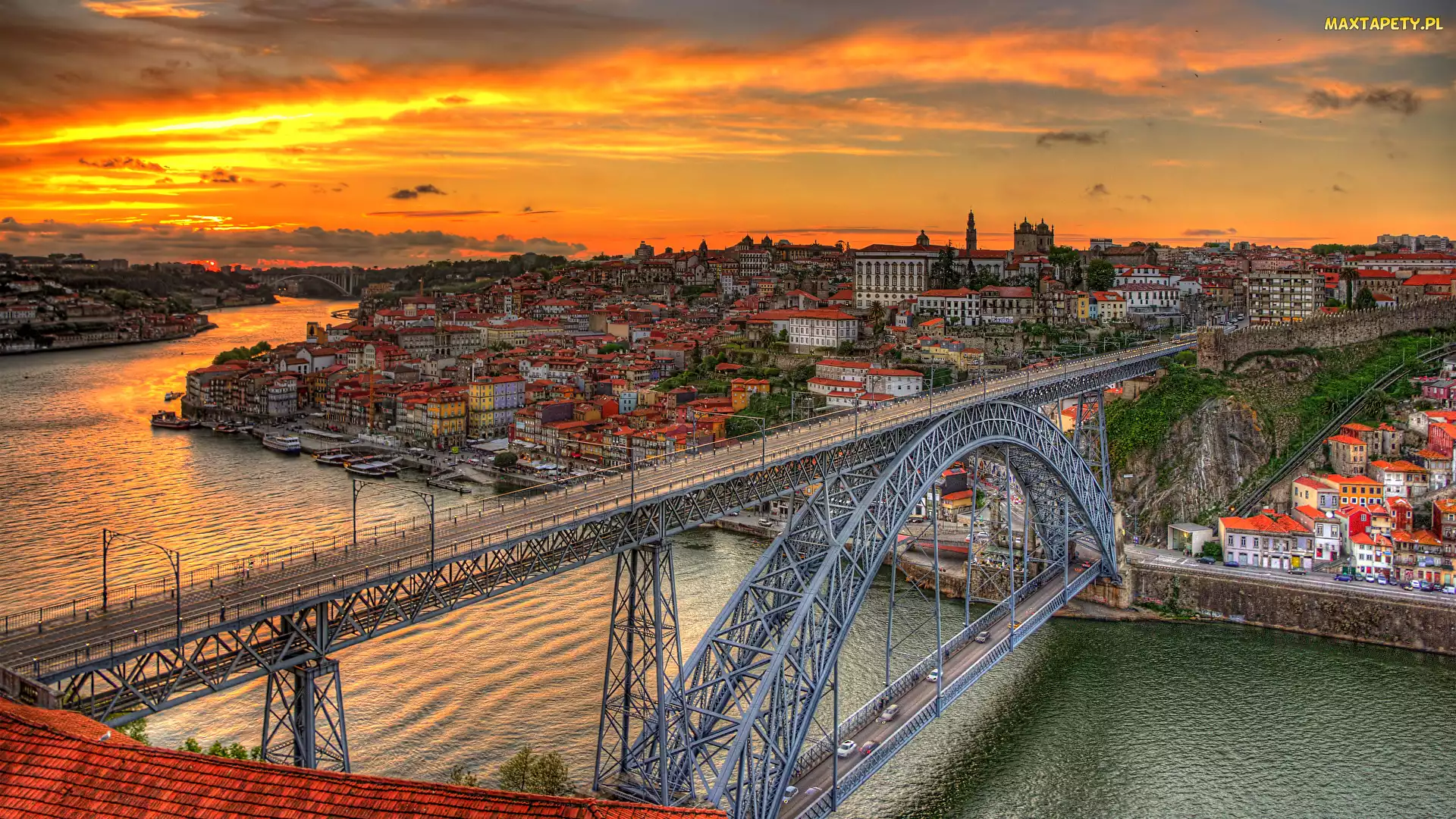 Domy, Most, Miasto, Zachód słońca, Rzeka Duero, Portugalia, Porto