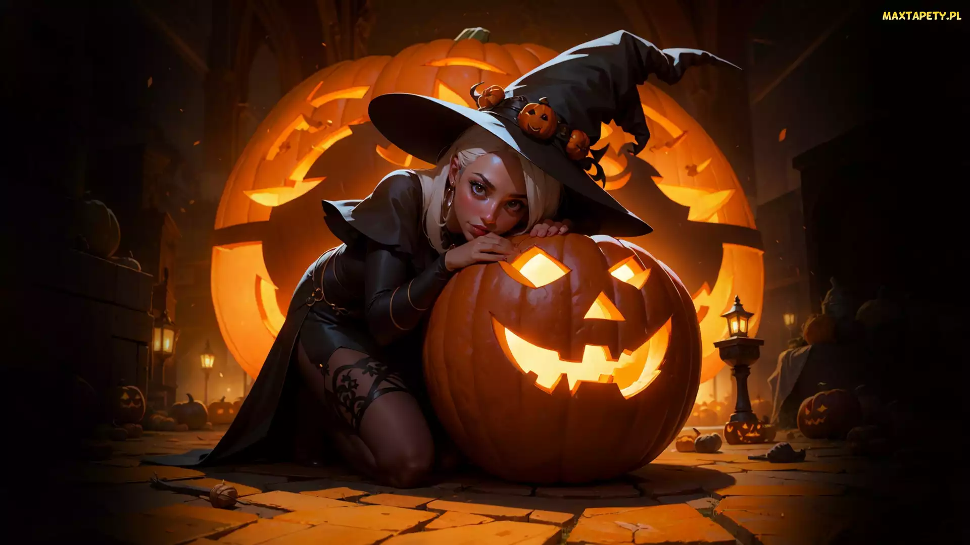 Kobieta, Lampy, Dynia, Wiedźma, Halloween