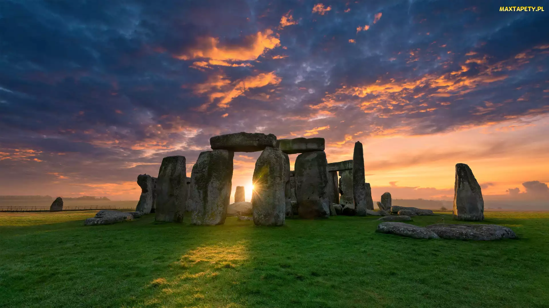 Hrabstwo Wiltshire, Zachód Słońca, Kamienie, Anglia, Niebo, Kromlech Stonehenge, Równina Salisbury