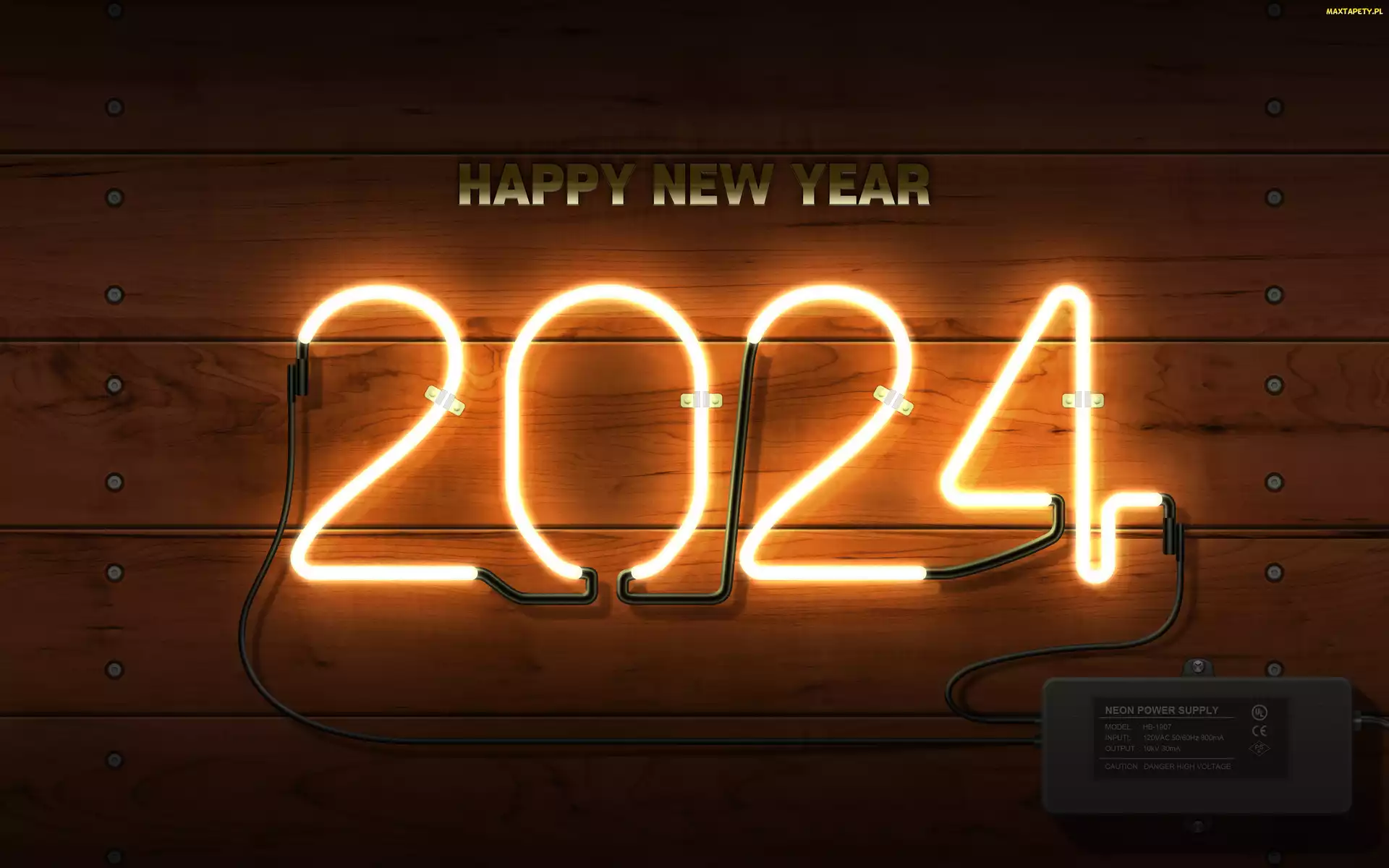 Ściana, 2024, Neon, Deski, Happy New Year, Sylwester, Napis