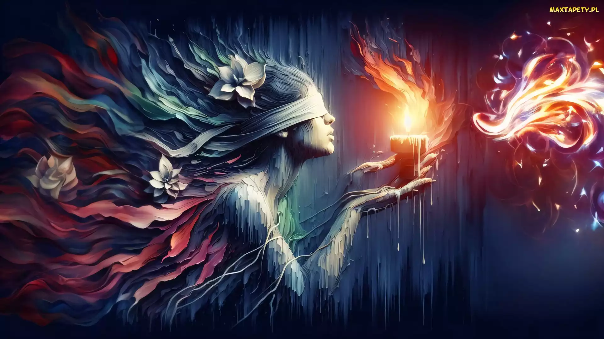 Świeca, Oczy, Włosy, Fantasy, Zakryte, Kobieta, Kwiaty