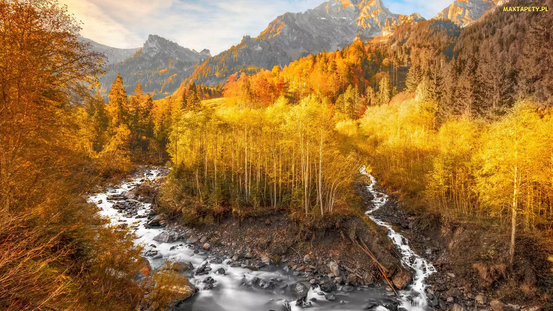 Góry, Kamienie, Jesień, Drzewa, Grindelwald, Żółte, Szwajcaria, Rzeka