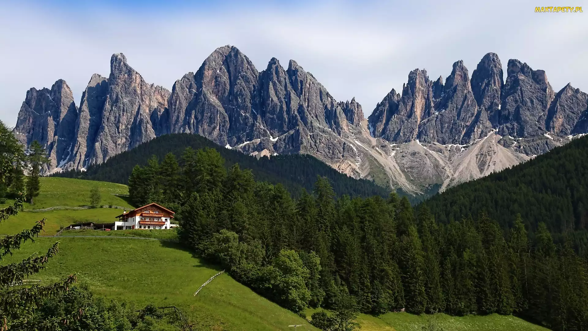 Włochy, Park Przyrody Puez Odle, Dolomity, Góry, Drzewa, Dom
