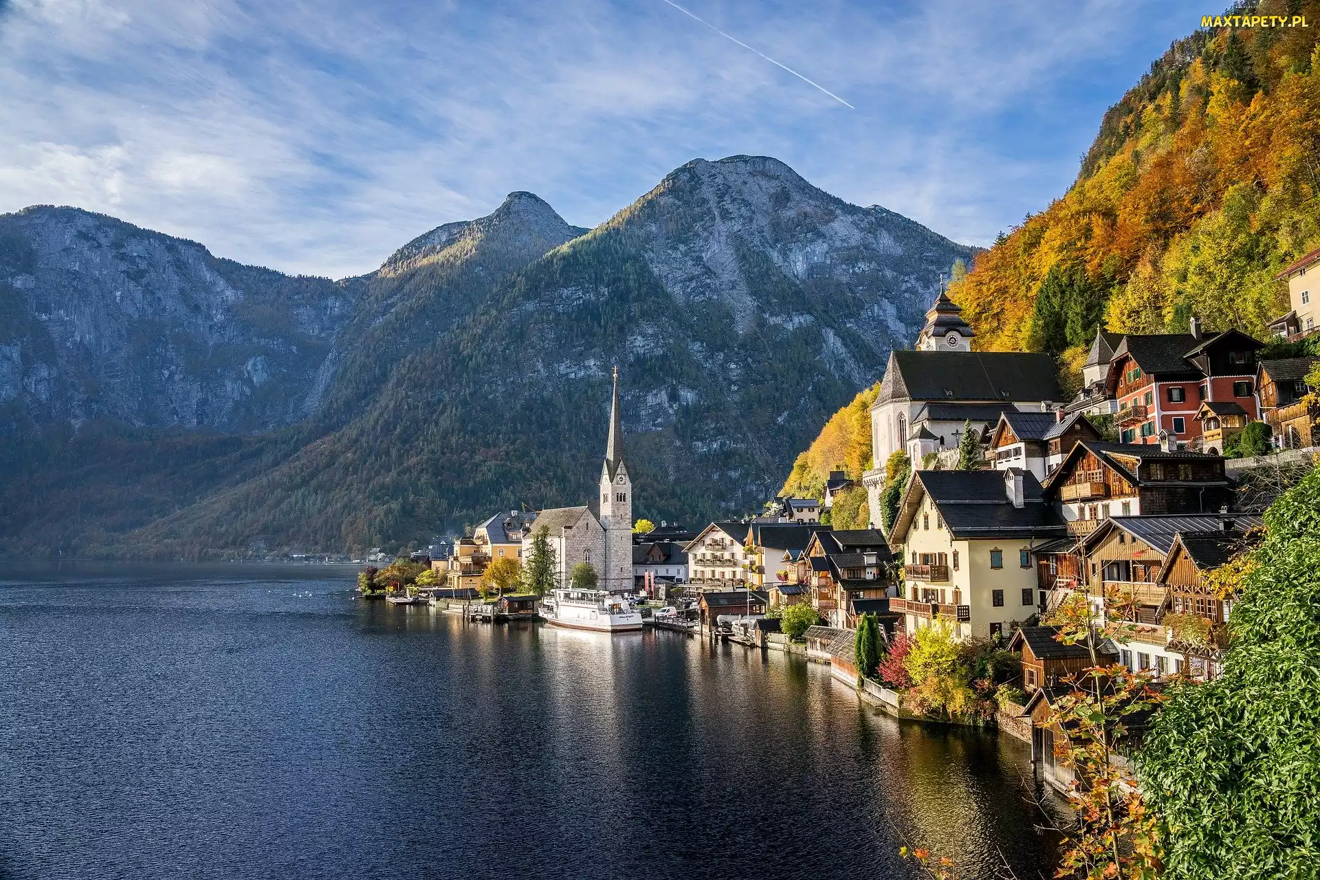 Jezioro Hallstattersee, Góry, Hallstatt, Austria, Domy, Kościół