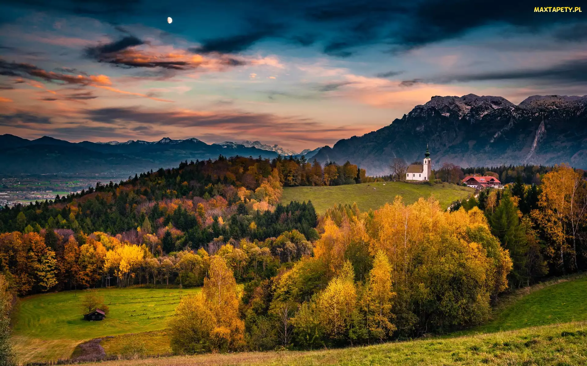 Niemcy, Las, Dom, Alpy, Bawaria, Kościół, Berchtesgaden, Jesień, Góry, Wzgórze, Wieczór, Drzewa, Księżyc, Polana, Niebo, Chmury