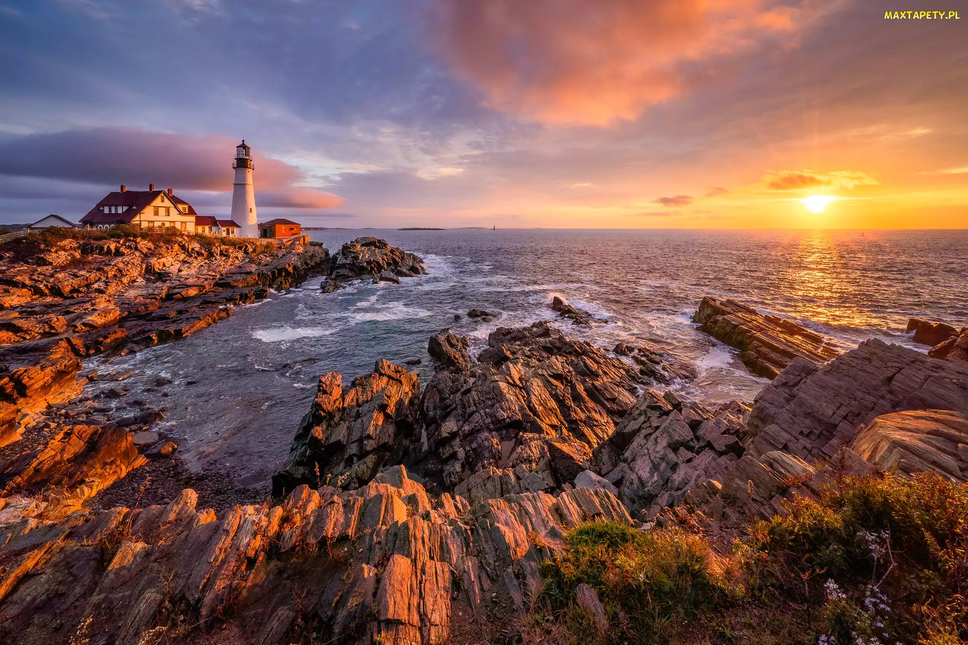 Stan Maine, Latarnia morska, Stany Zjednoczone, Skały, Cape Elizabeth, Morze, Wschód słońca, Portland Head Light