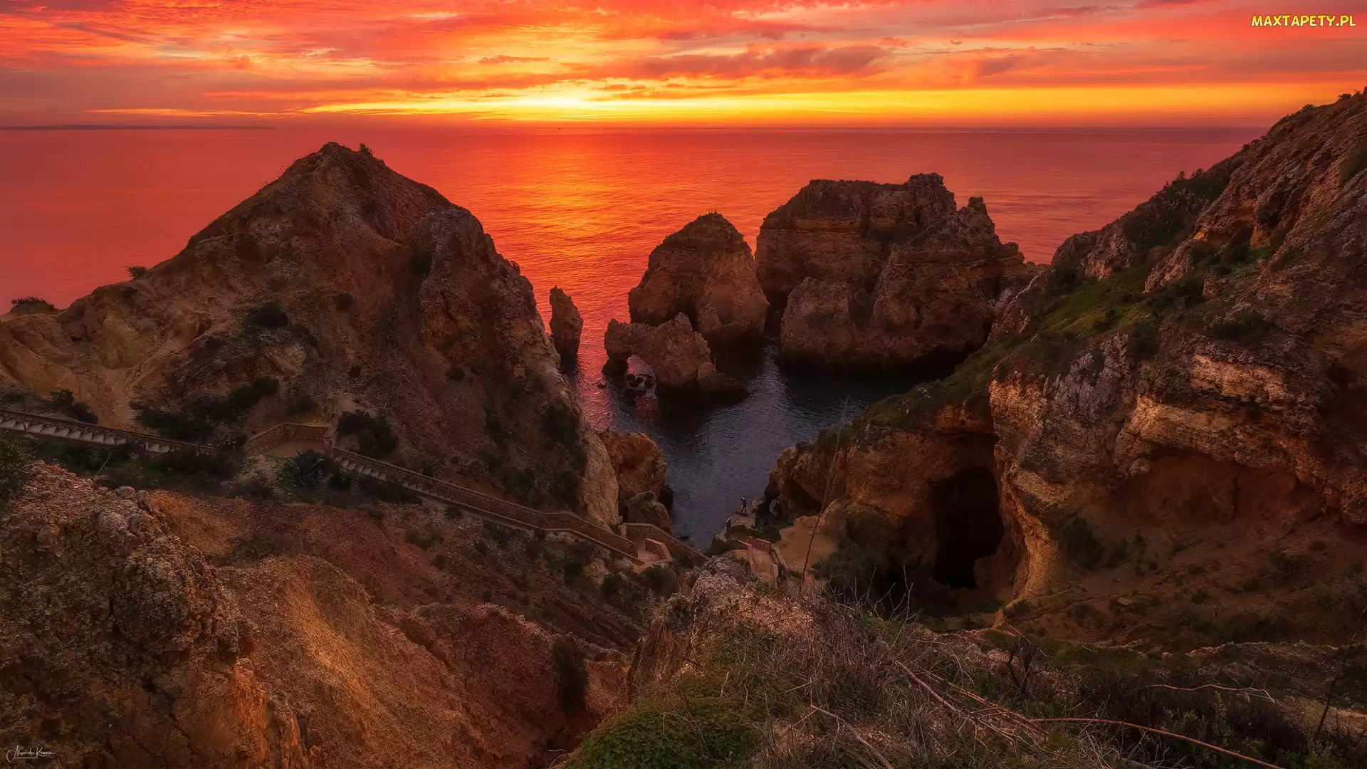 Algarve, Zachód słońca, Skały, Morze, Portugalia