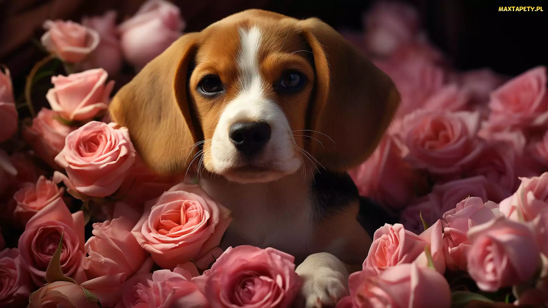 Pies, Szczeniak, Róże, Mordka, Beagle
