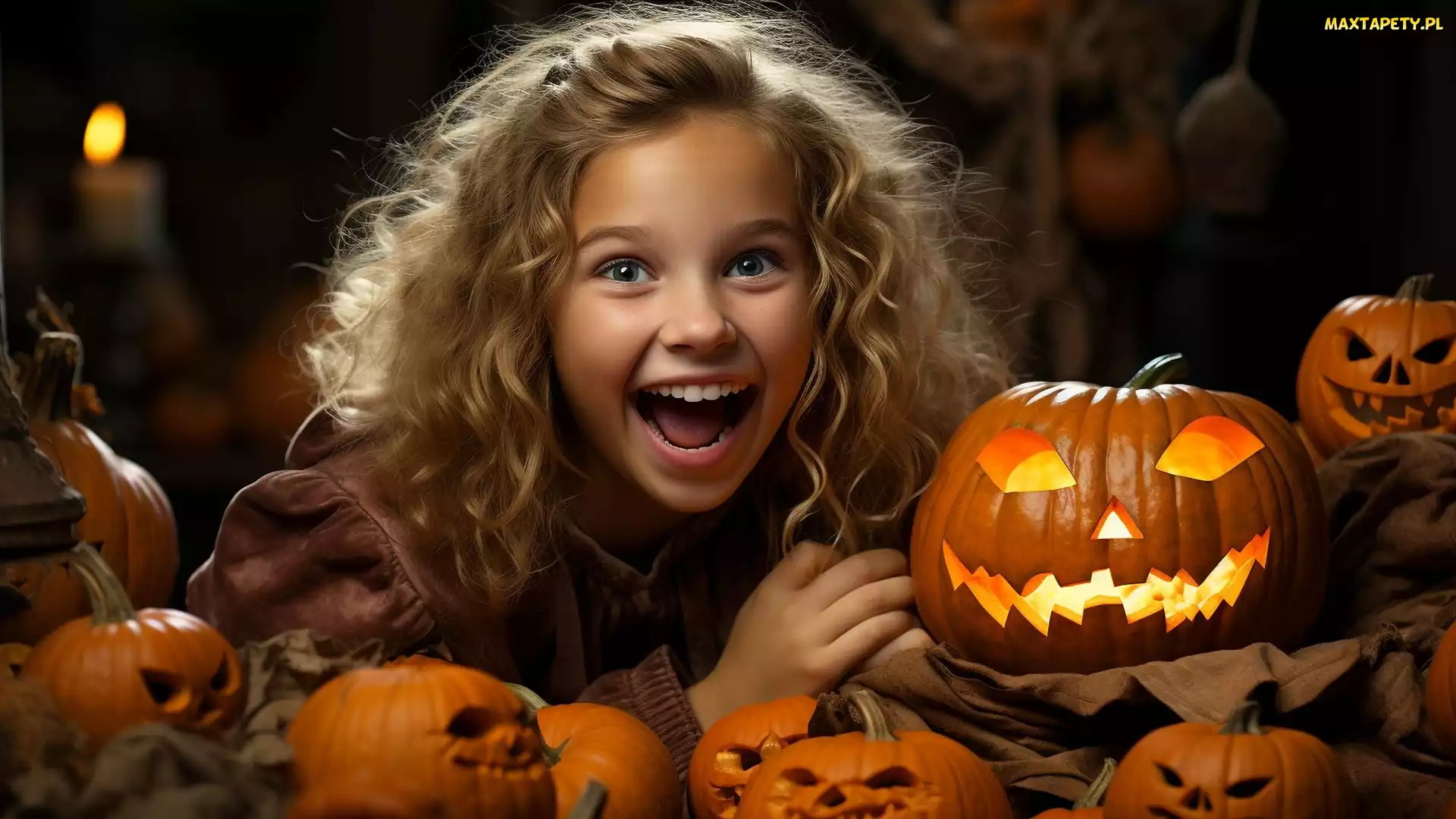 Halloween, Dynie, Uśmiechnięta, Dziewczynka