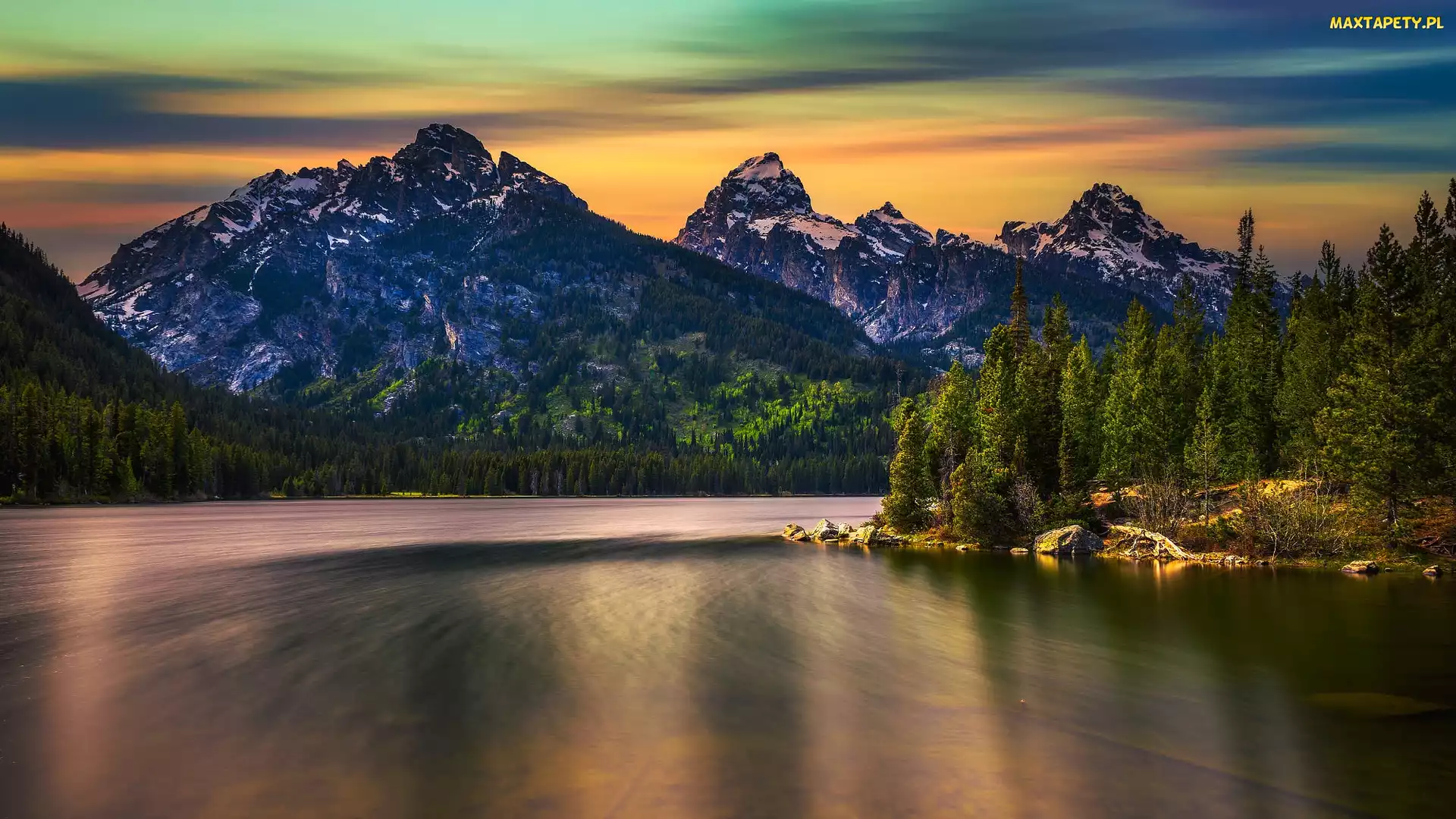 Park Narodowy Grand Teton, Wyoming, Drzewa, Stany Zjednoczone, Zachód słońca, Las, Góry, Jezioro, Taggart Lake