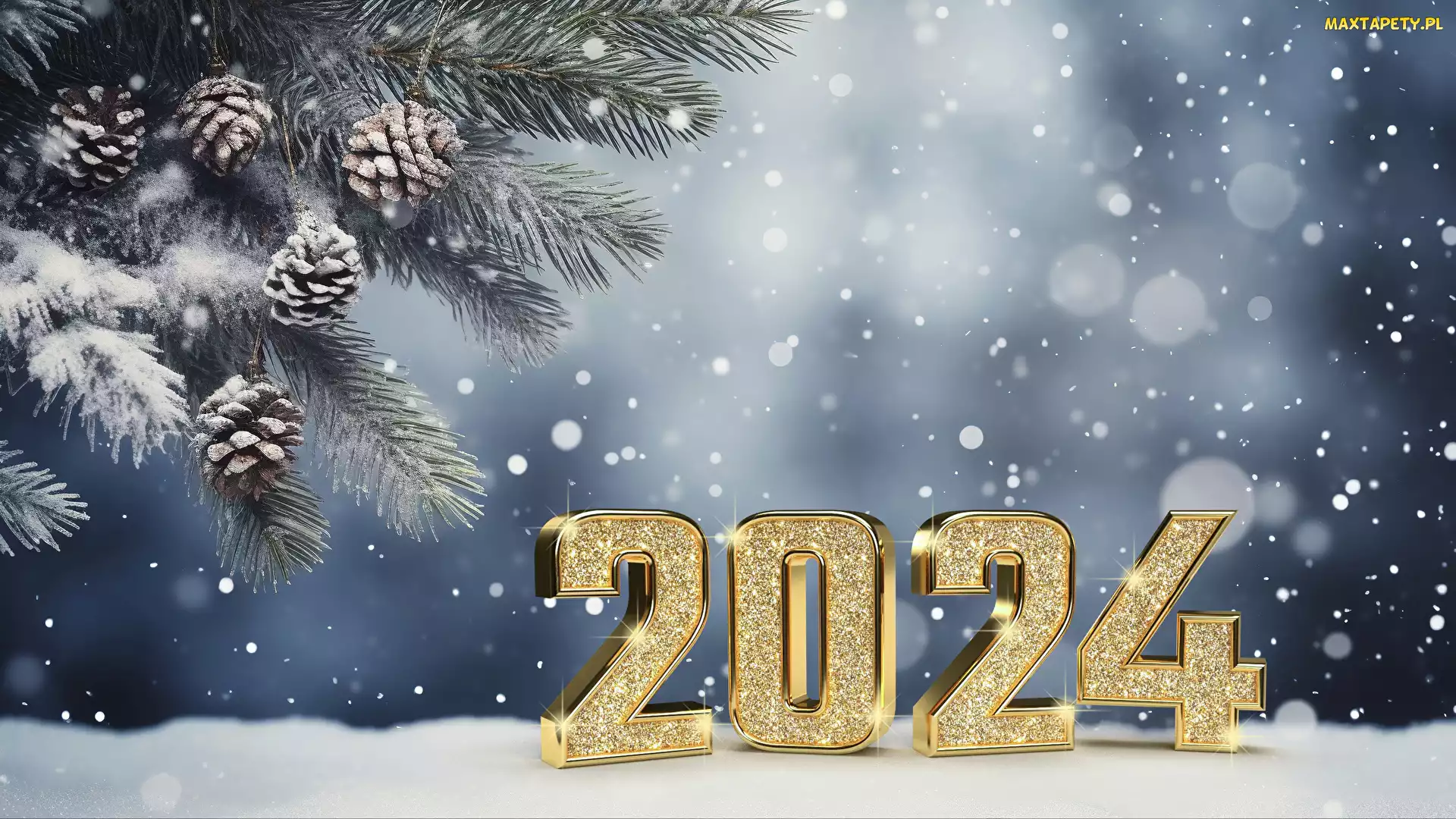 Nowy Rok, Cyfry, Gałązki, 2024, Złote, Ośnieżone, Szyszki
