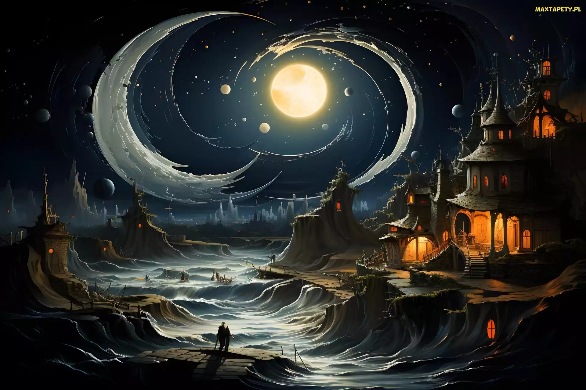Księżyc, Fantasy, Zamek, Oświetlony, Noc