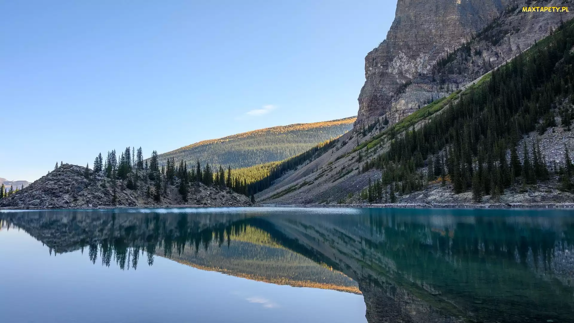 Jezioro, Odbicie, Góry, Drzewa, Alberta, Moraine Lake, Kanada, Park Narodowy Banff