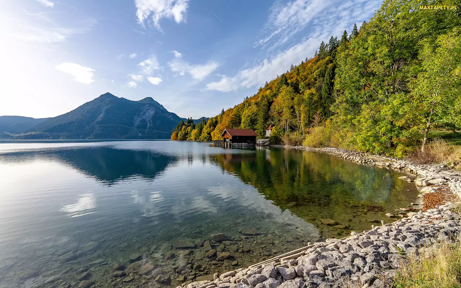 Niemcy, Góry, Las, Alpy, Domek, Kamienie, Bawaria, Jezioro, Walchensee