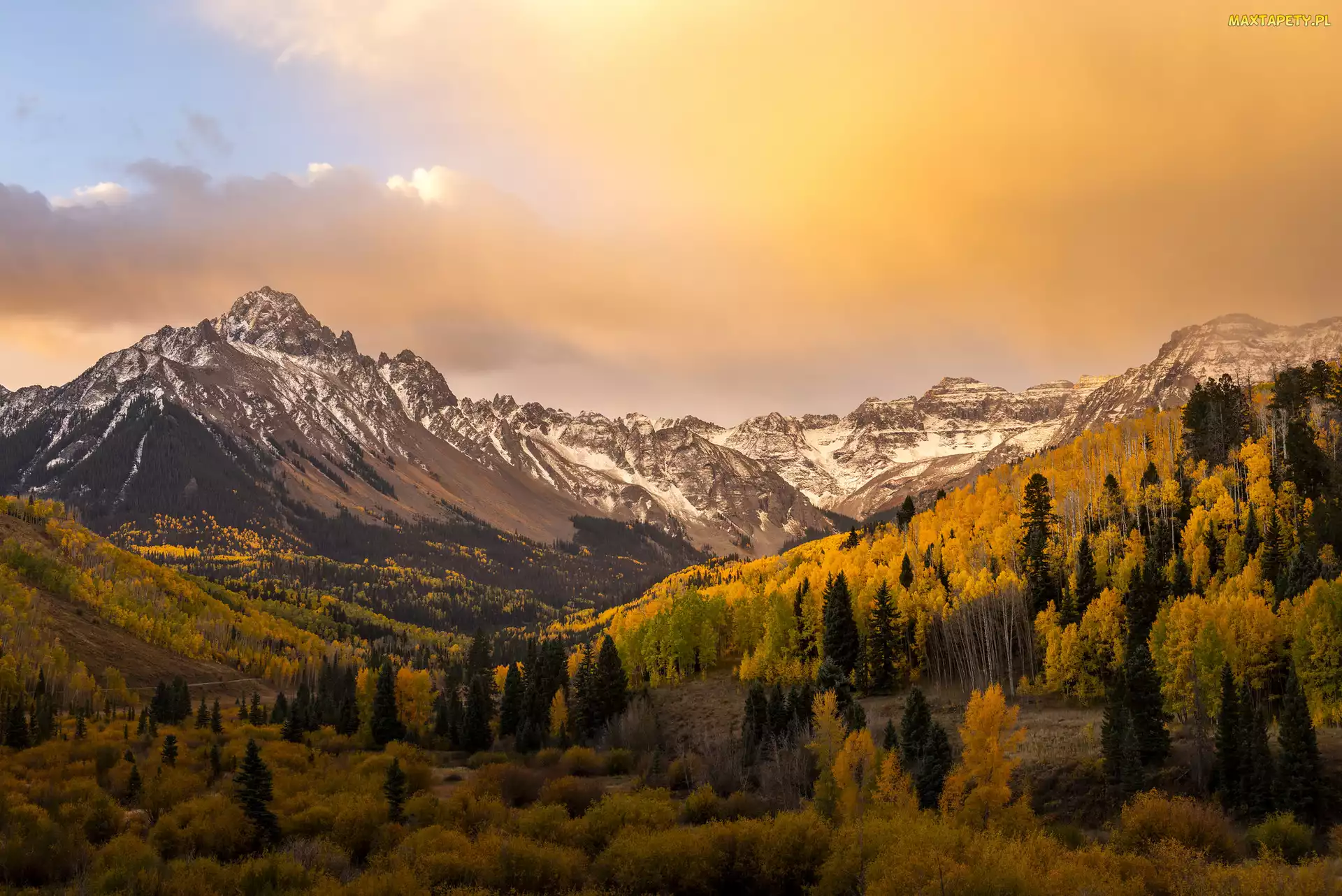 Jesień, Stan Kolorado, Mount Sneffels, Stany Zjednoczone, Wschód słońca, Góry, Kolorowe, Drzewa, Las