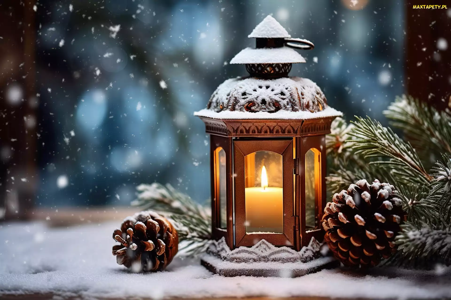 Grafika, Dekoracja, Świeca, Lampion, Śnieg, Szyszki