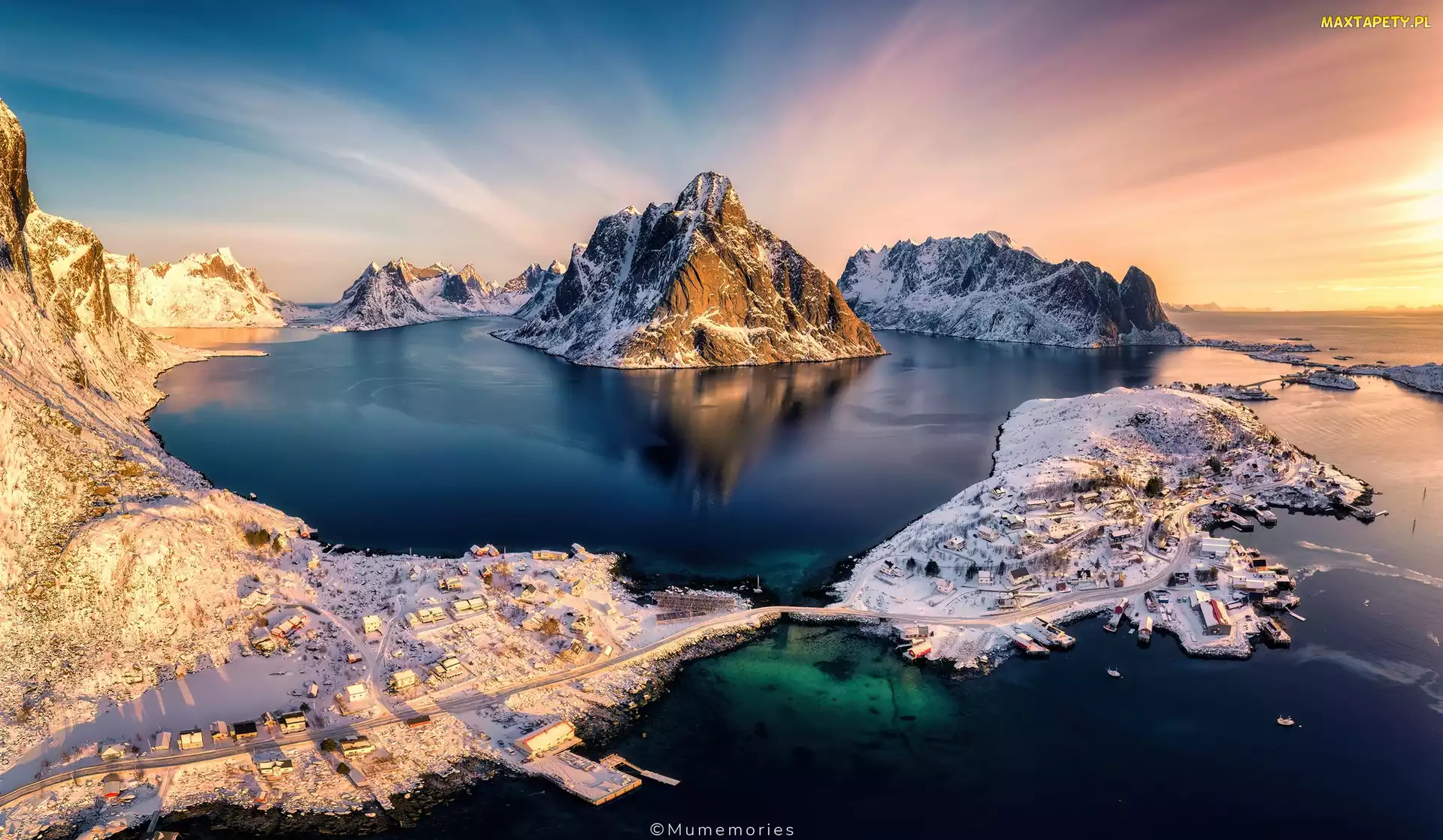 Góry, Śnieg, Norwegia, Zima, Poranek, Lofoty, Morze Norweskie, Domy