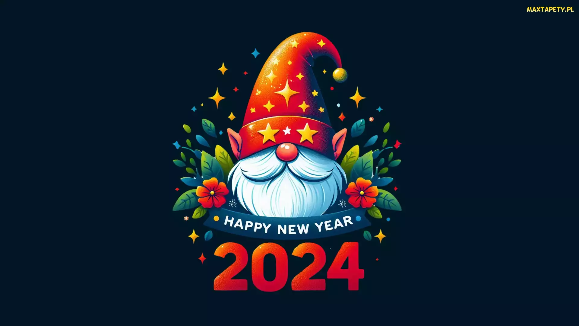 Nowy Rok, Czarne, Głowa, Tło, Mikołaj, Gwiazdki, 2024, Życzenia, Kwiaty