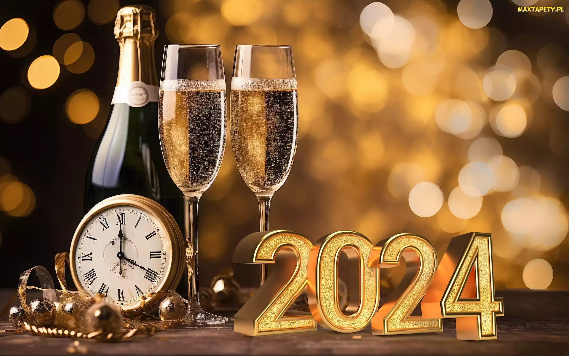 2024, Zegar, Nowy Rok, Grafika, Kieliszki, Szampan