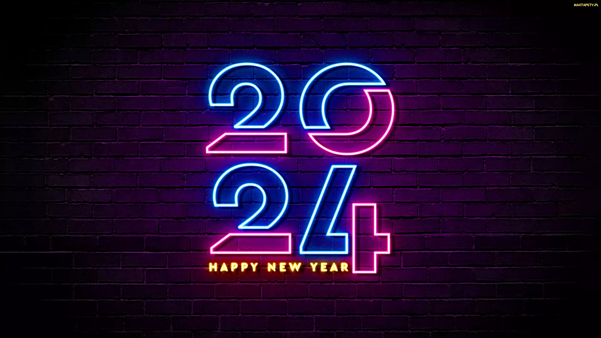 Życzenia, Cegły, 2024, Nowy Rok, Neonowy, Mur