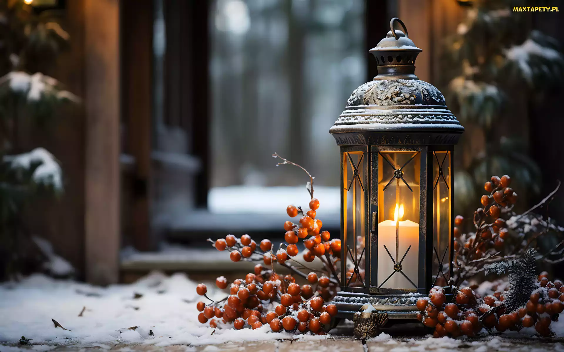 Świeca, Gałązki, Lampion, Suche, Deski, Ogień, Śnieg Dekoracja, Jagody