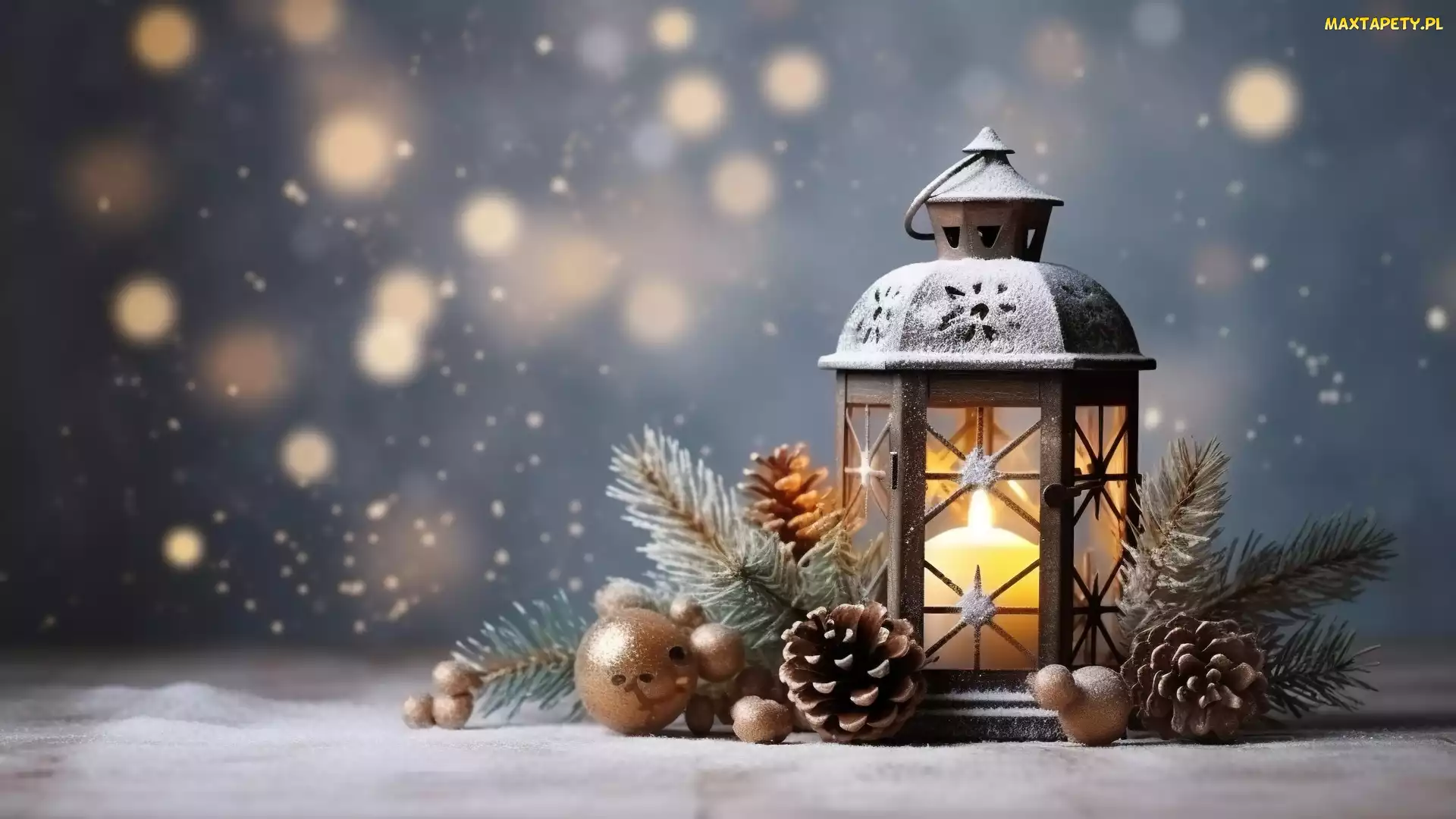 Śnieg, Gałązki, Zima, Lampion, Bombki, Dekoracja, Boże Narodzenie, Szyszki