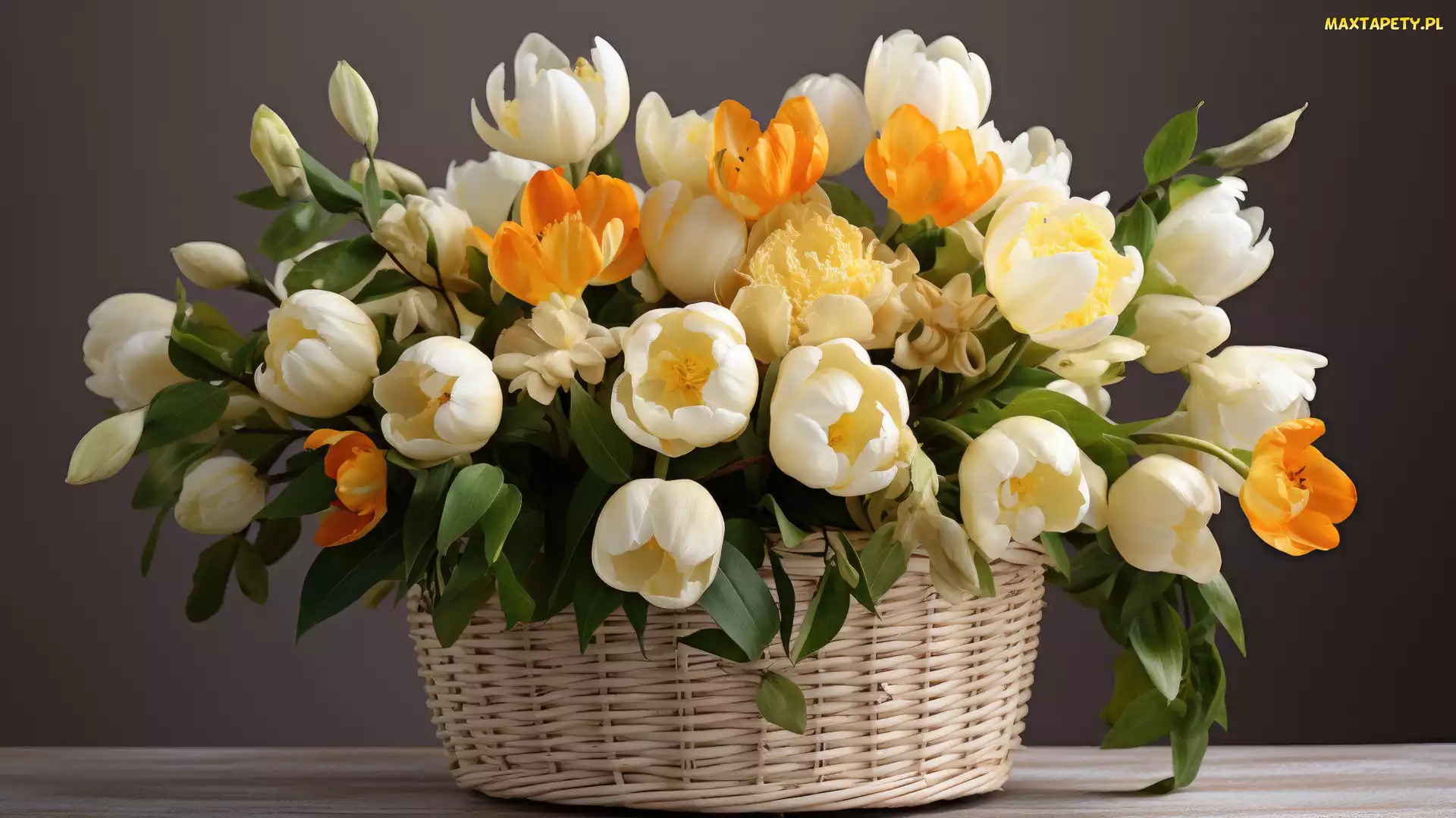 Koszyk, Kolorowe, Kwiaty, Tulipany