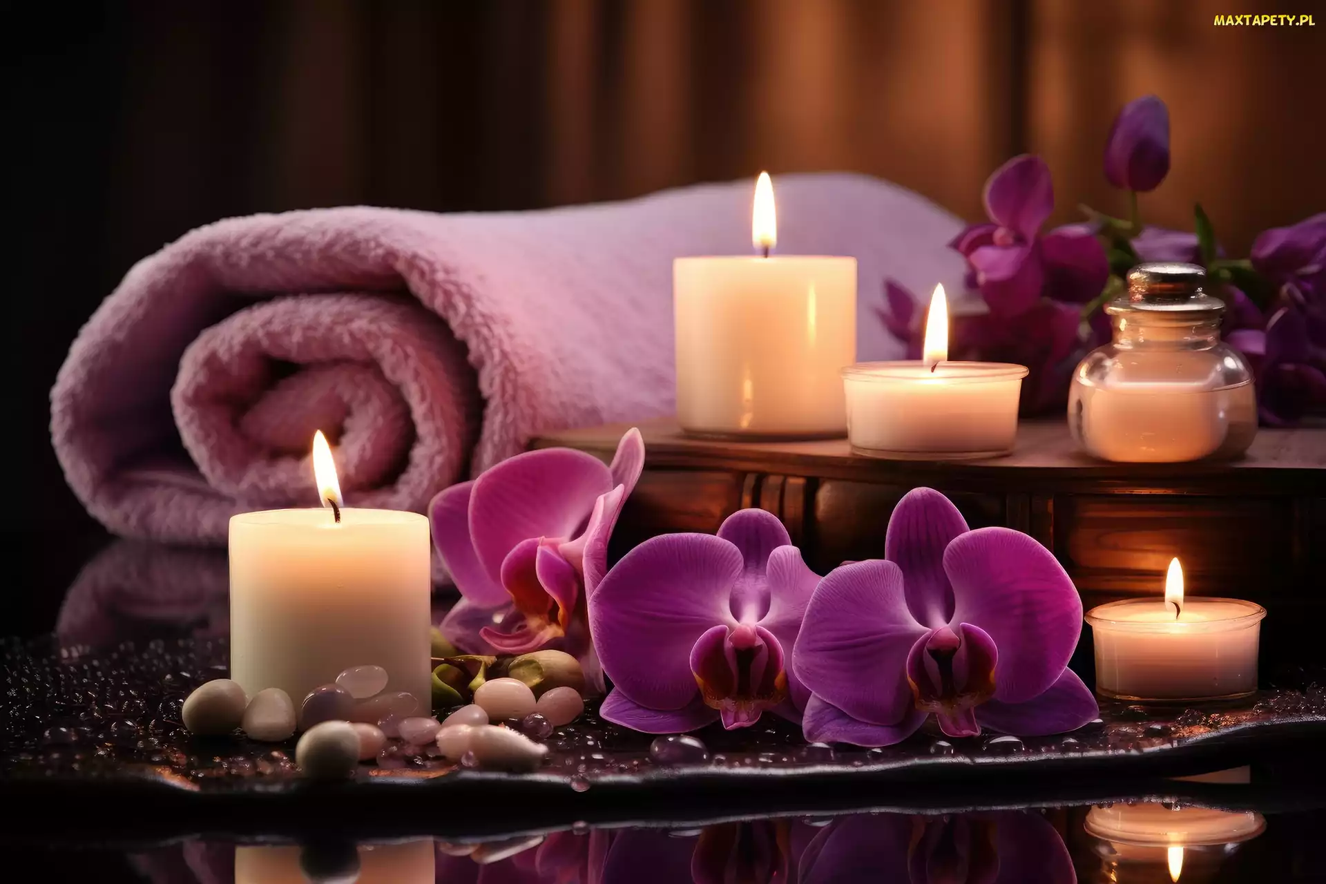 SPA, Relaks, Storczyk, Kwiaty, Świece, Ręcznik