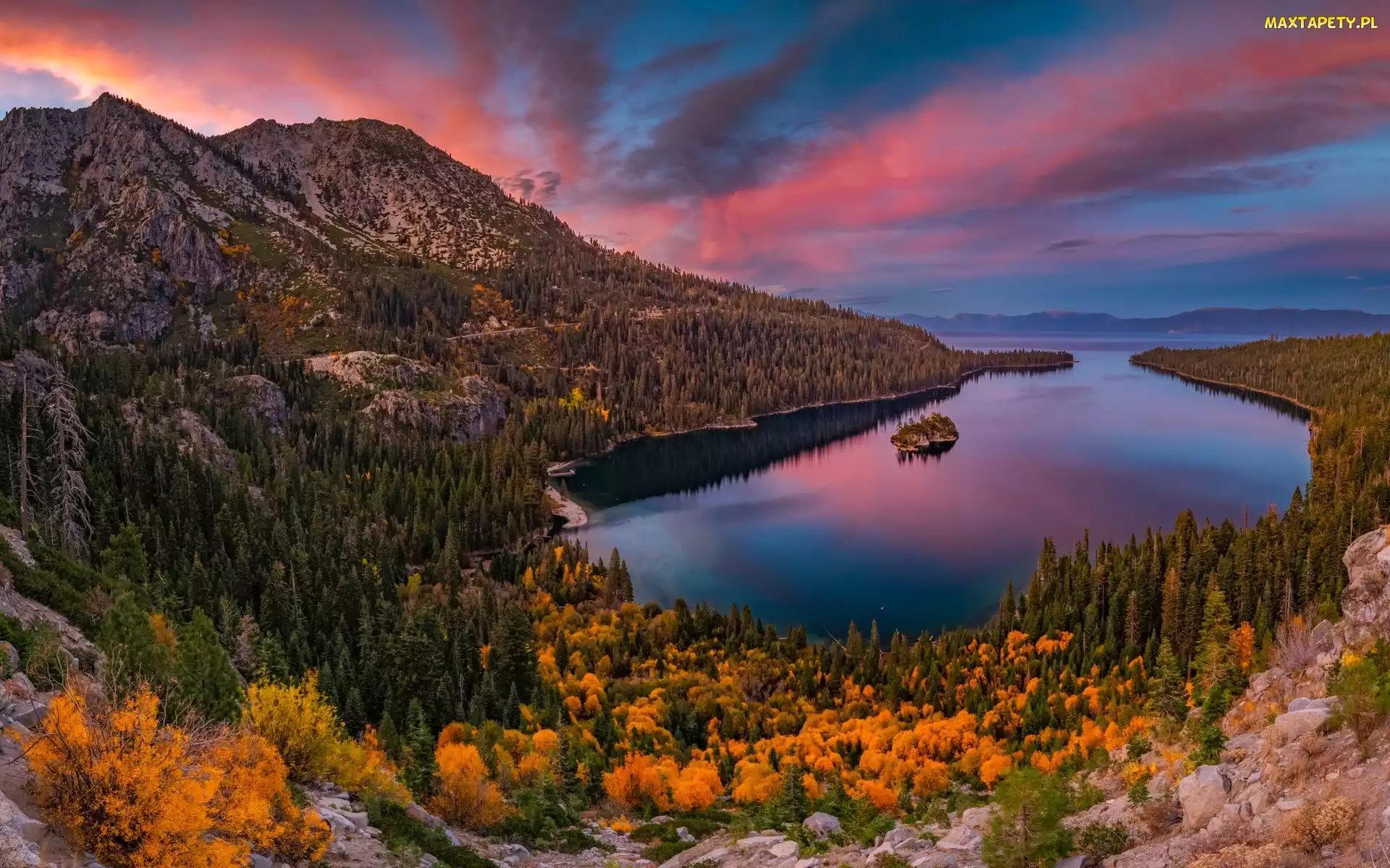 Stany Zjednoczone, Chmury, Drzewa, Kalifornia, Wyspa Fannette, Tahoe Lake, Góry, Park Emerald Bay, Jezioro, Lasy