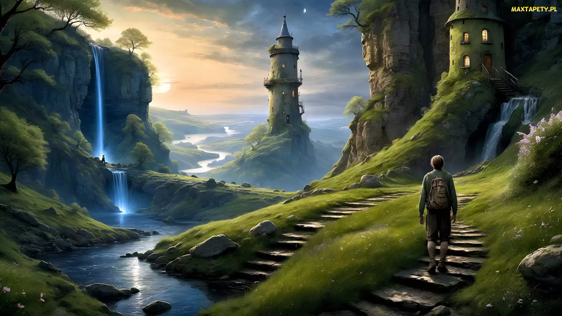 Góry, Wodospad, Grafika, Wieża, Wędrowiec, Rzeka, Fantasy, Schody