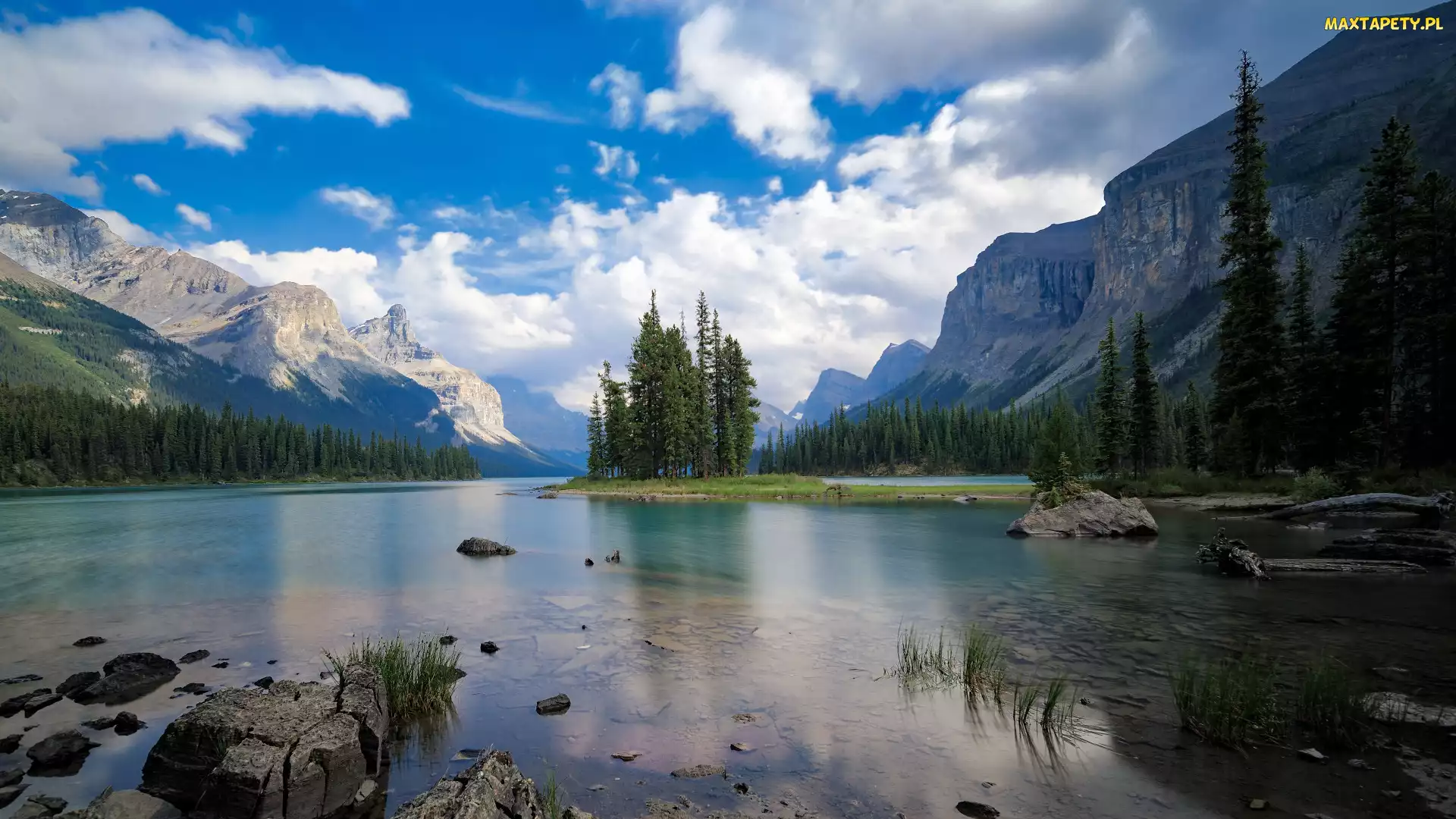Jezioro, Kamienie, Góry, Drzewa, Park Narodowy Jasper, Maligne Lake, Kanada, Brzeg