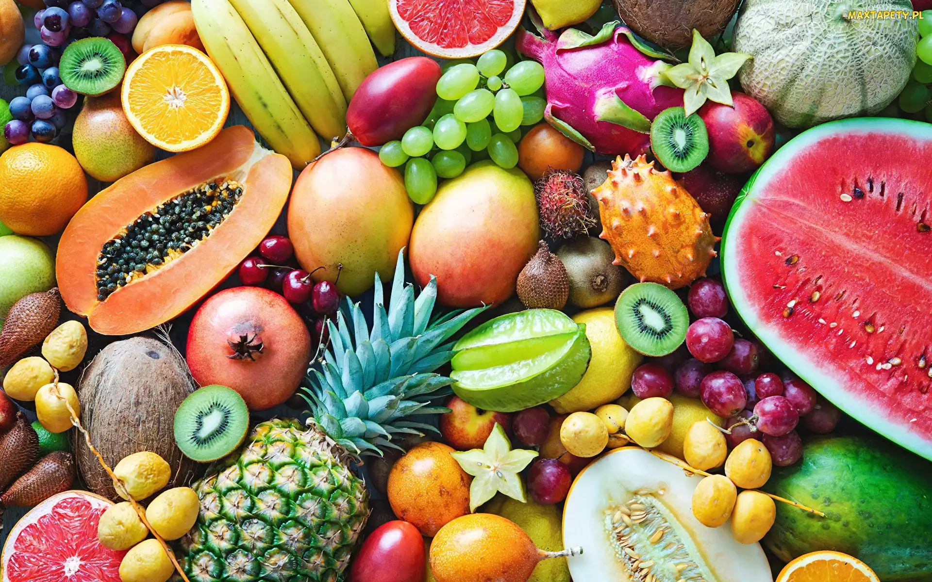 Cytryny, Granat, Arbuzy, Melony, Pomarańcza, Owoce, Ananas, Kiwi, Banany, Winogrona, Śliwki