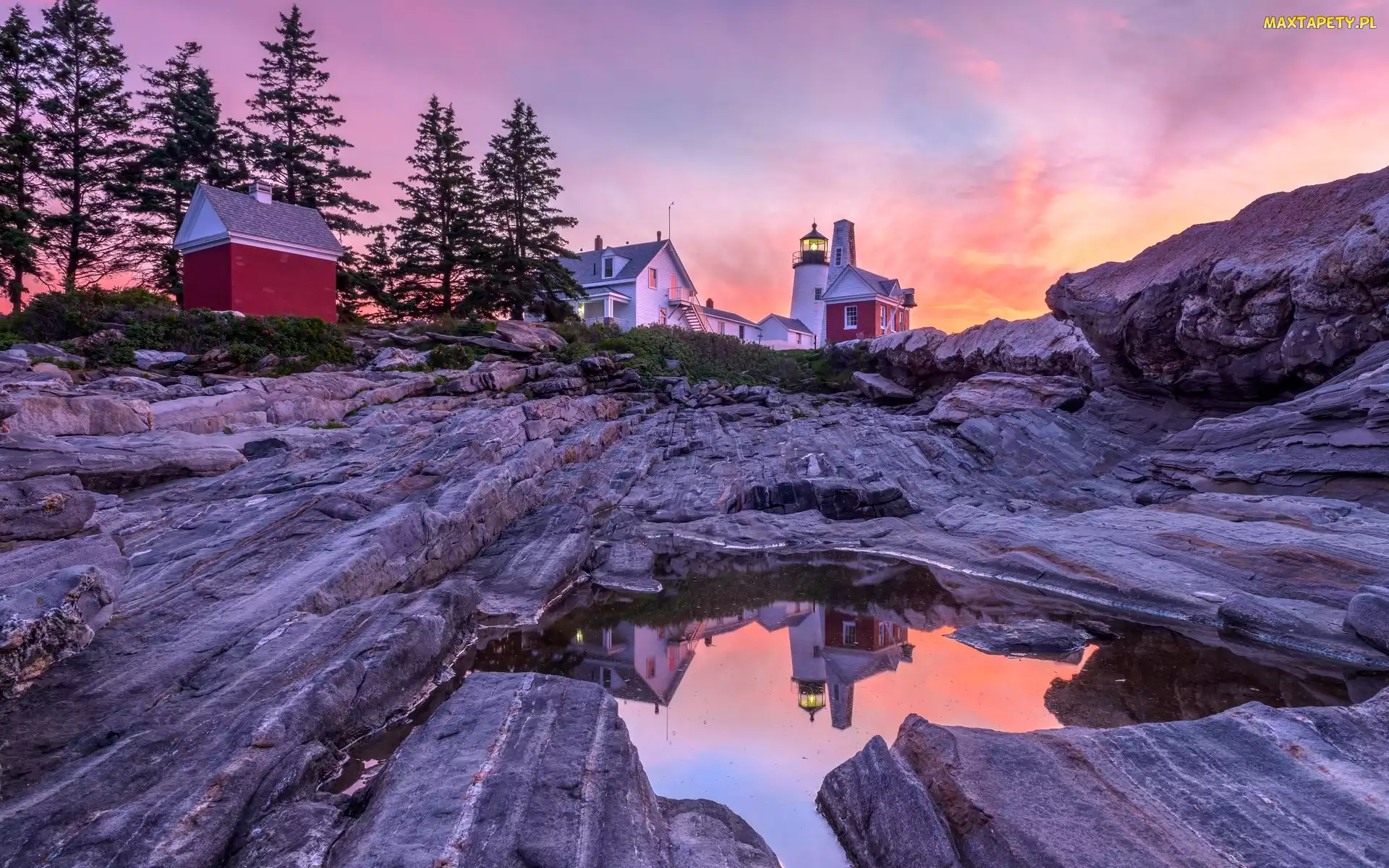 Latarnia morska, Drzewa, Skały, Domy, Stan Maine, Pemaquid Point Lighthouse, Stany Zjednoczone, Zachód słońca