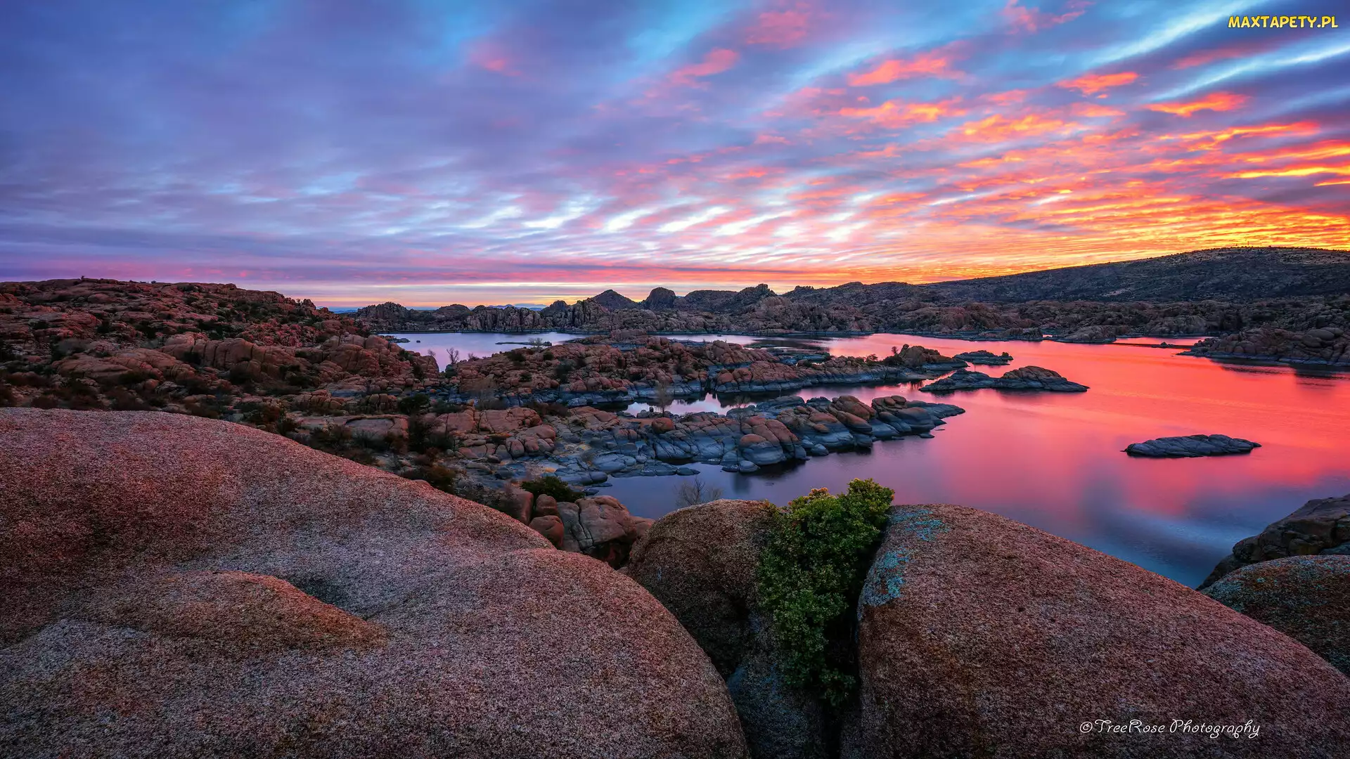 Kolorowe, Arizona, Skały, Stany Zjednoczone, Prescott, Watson Lake, Niebo, Wschód słońca, Jezioro