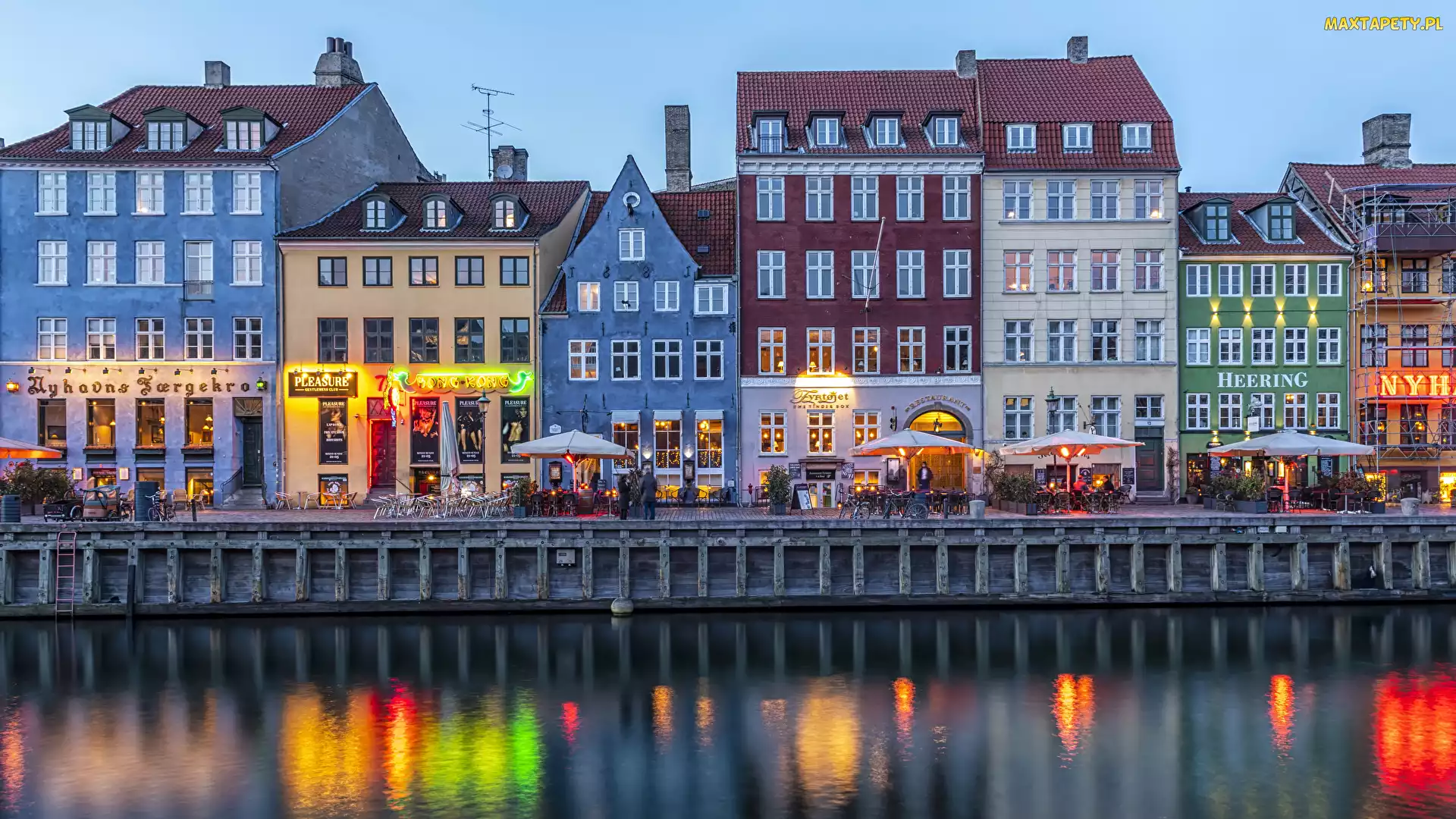 Kopenhaga, Wieczór, Kanał Nyhavn, Domy, Dania