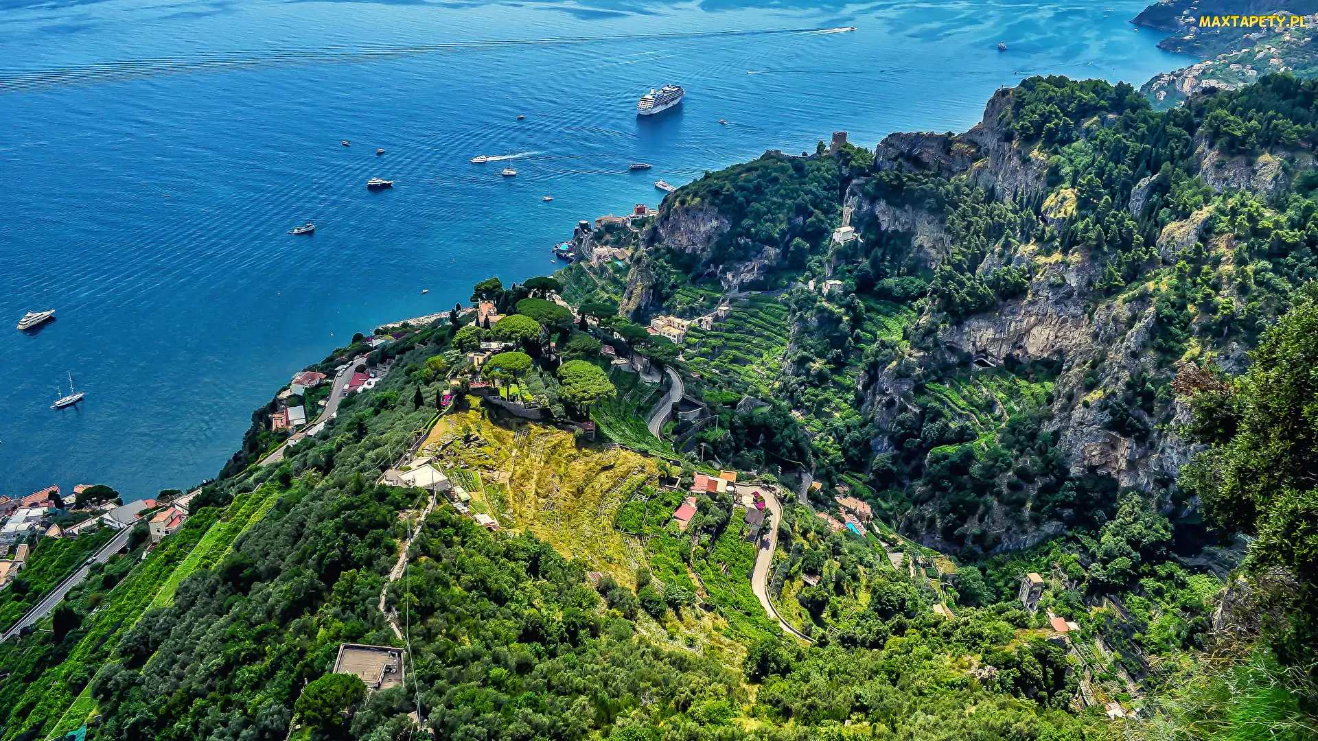 Amalfi, Góry, Włochy, Wybrzeże, Domy, Morze, Z lotu ptaka, Lasy