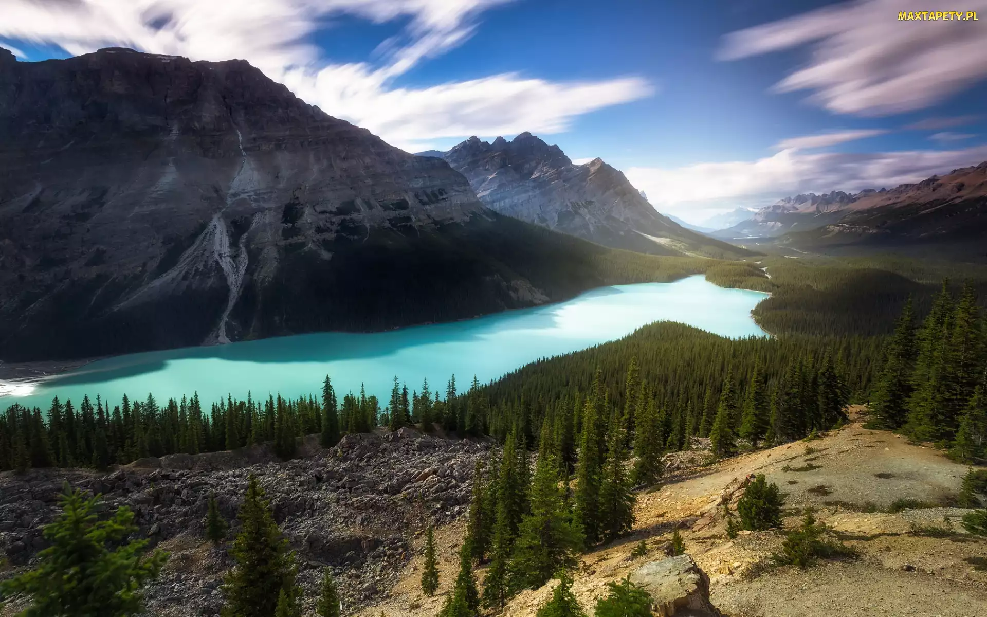 Jezioro, Lasy, Park Narodowy Banff, Góry, Prowincja Alberta, Peyto Lake, Kanada, Chmury