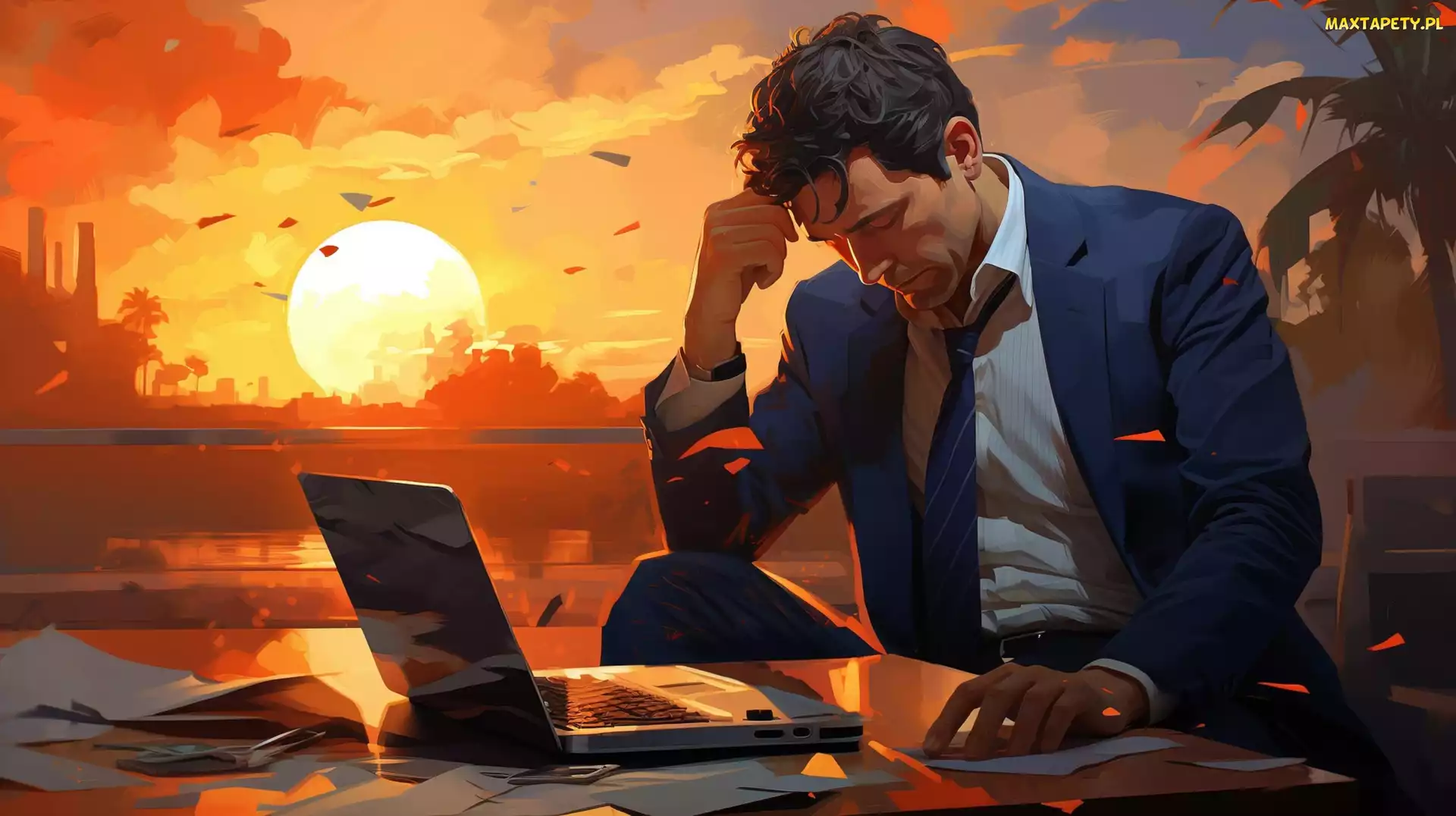 2D, Zachód słońca, Mężczyzna, Laptop