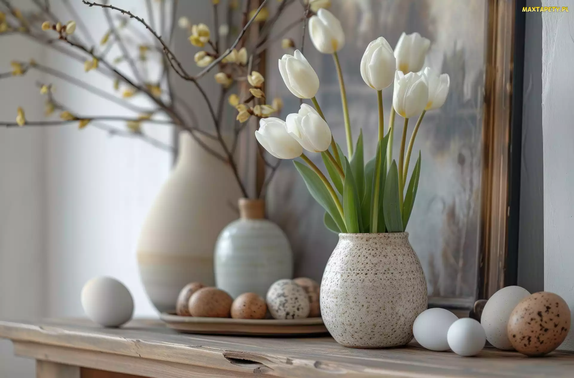 Białe, Wielkanoc, Pisanki, Kwiaty, Tulipany