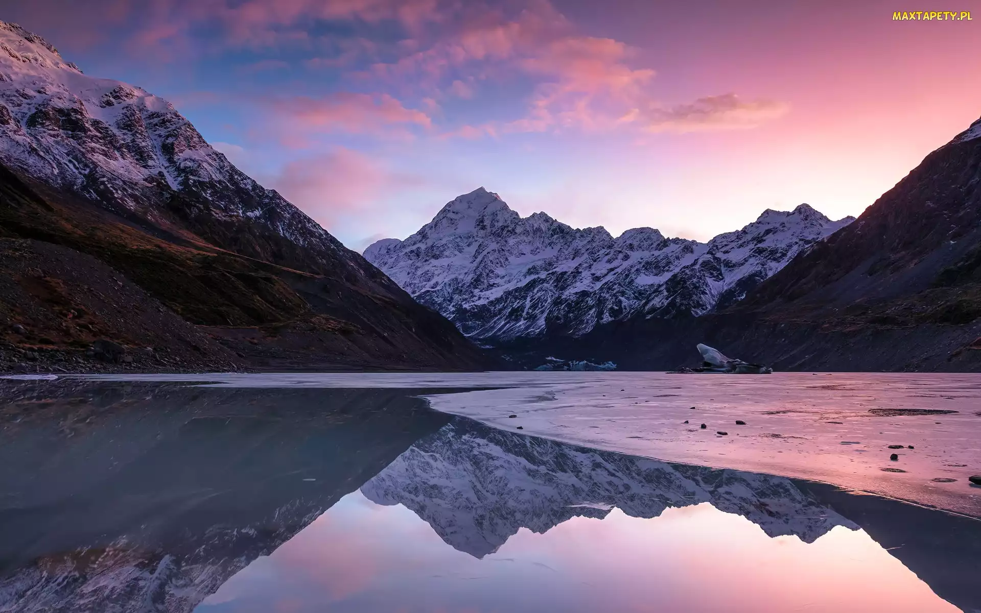 Hooker Lake, Jezioro, Park Narodowy Góry Cooka, Chmury, Góry, Nowa Zelandia, Dolina Hooker