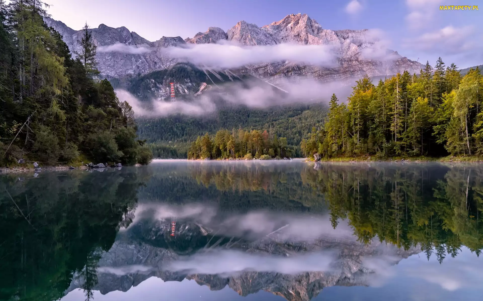 Bawaria, Eibsee, Niemcy, Jezioro, Mgła, Góry, Odbicie, Drzewa