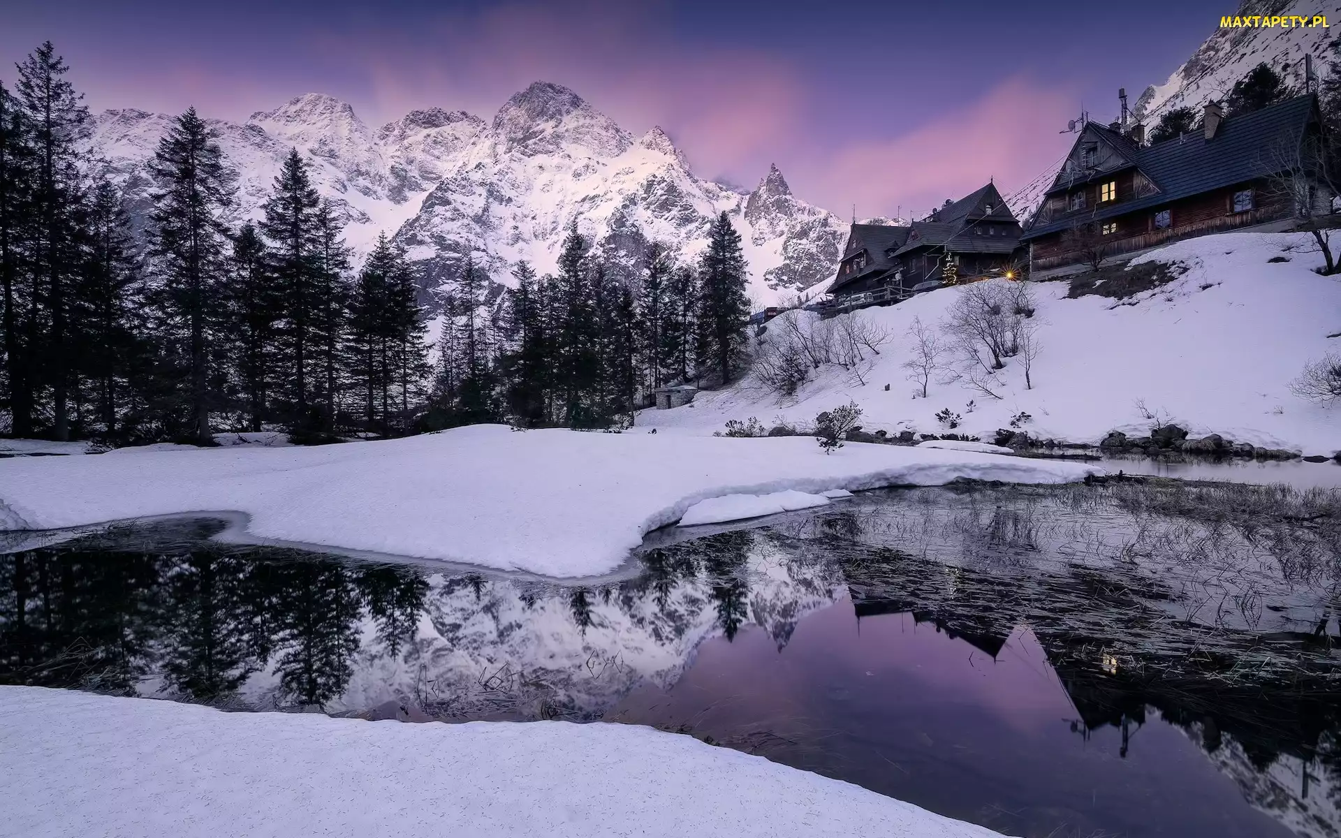Góry, Morskie Oko, Polska, Jezioro, Drzewa, Tatry, Domy, Zima