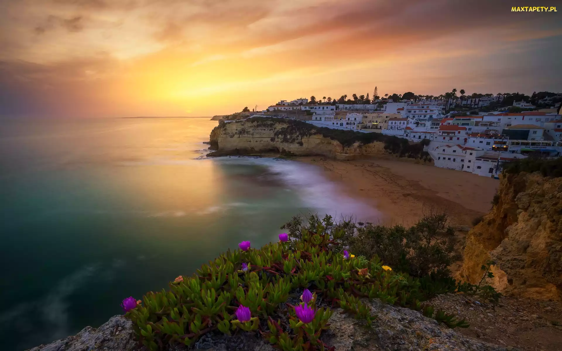 Carvoeiro, Wybrzeże, Portugalia, Morze, Domy, Region Algarve, Zachód słońca, Kwiaty