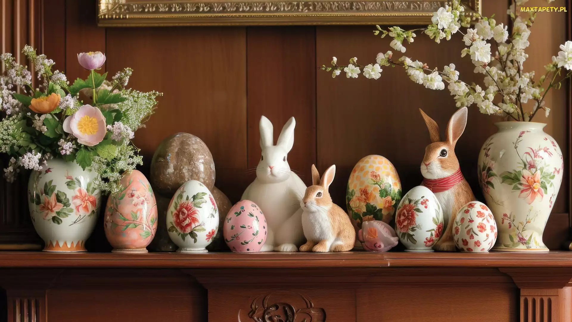 Kwiaty, Wazon, Figurki, Wielkanoc, Królik, Pisanki