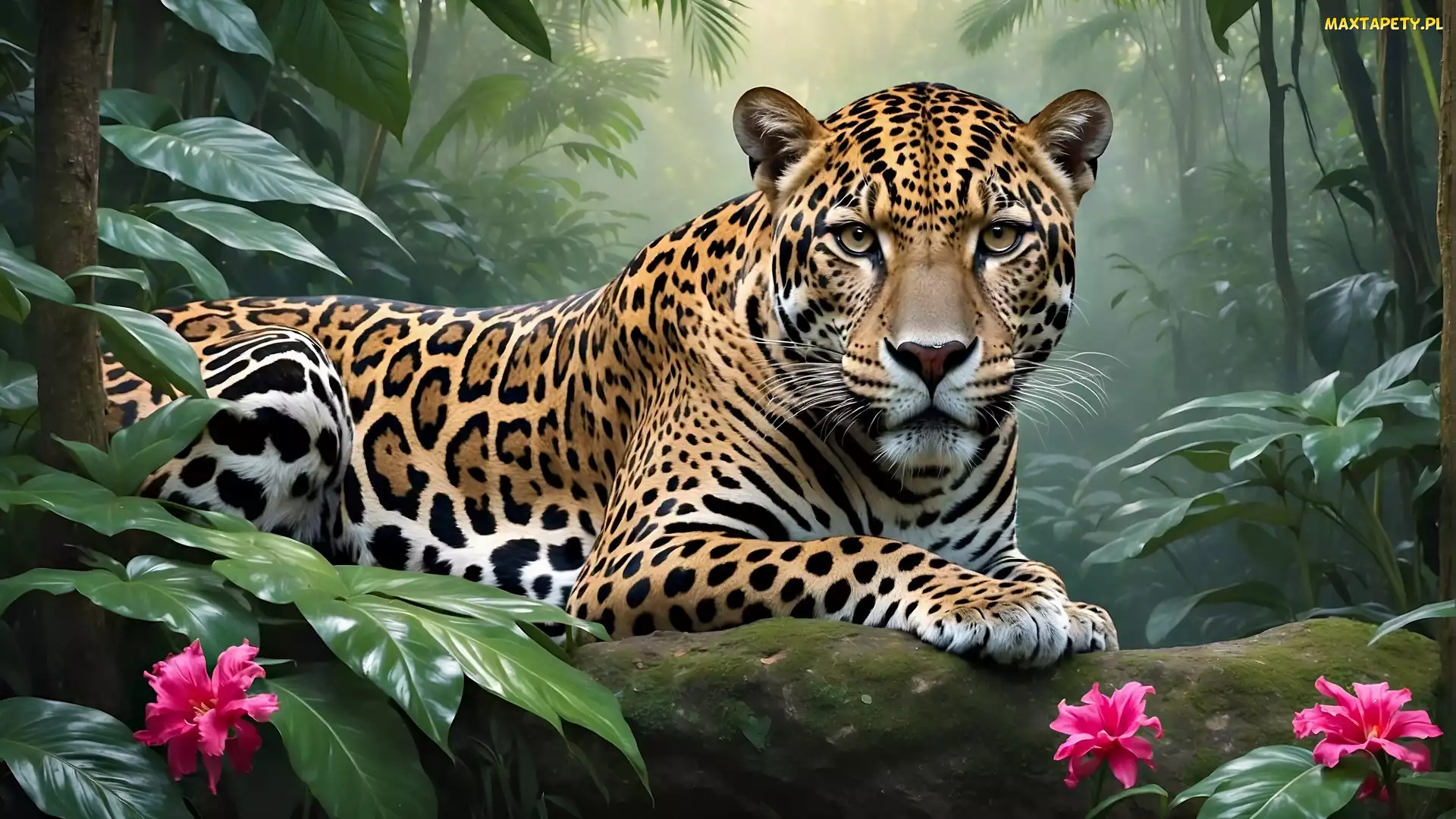 Liście, Kwiaty, Jaguar, 2D, Różowe, Leżący, Kłoda