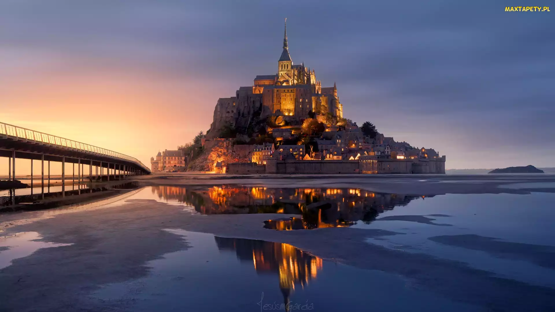 Zachód słońca, Molo, Wyspa, Kościół, Opactwo św. Michała Archanioła, Francja, Mont Saint-Michel