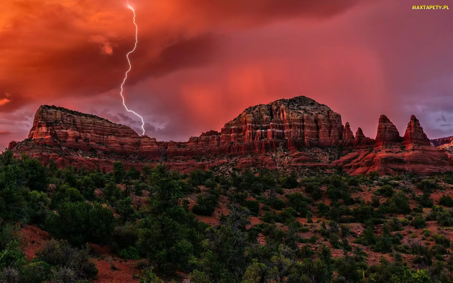 Arizona, Błyskawica, Stany Zjednoczone, Skały, Niebo, Sedona, Czerwone, Piorun