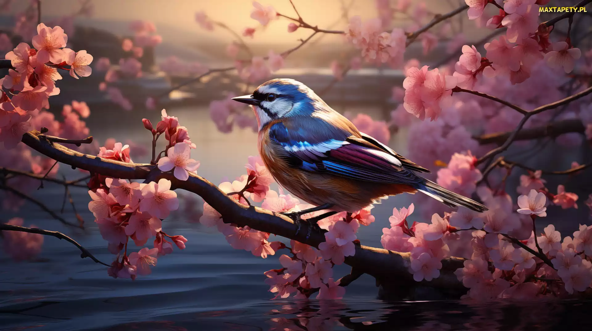 Ukwiecone, Woda, Drzewo owocowe, Gałęzie, Ptak