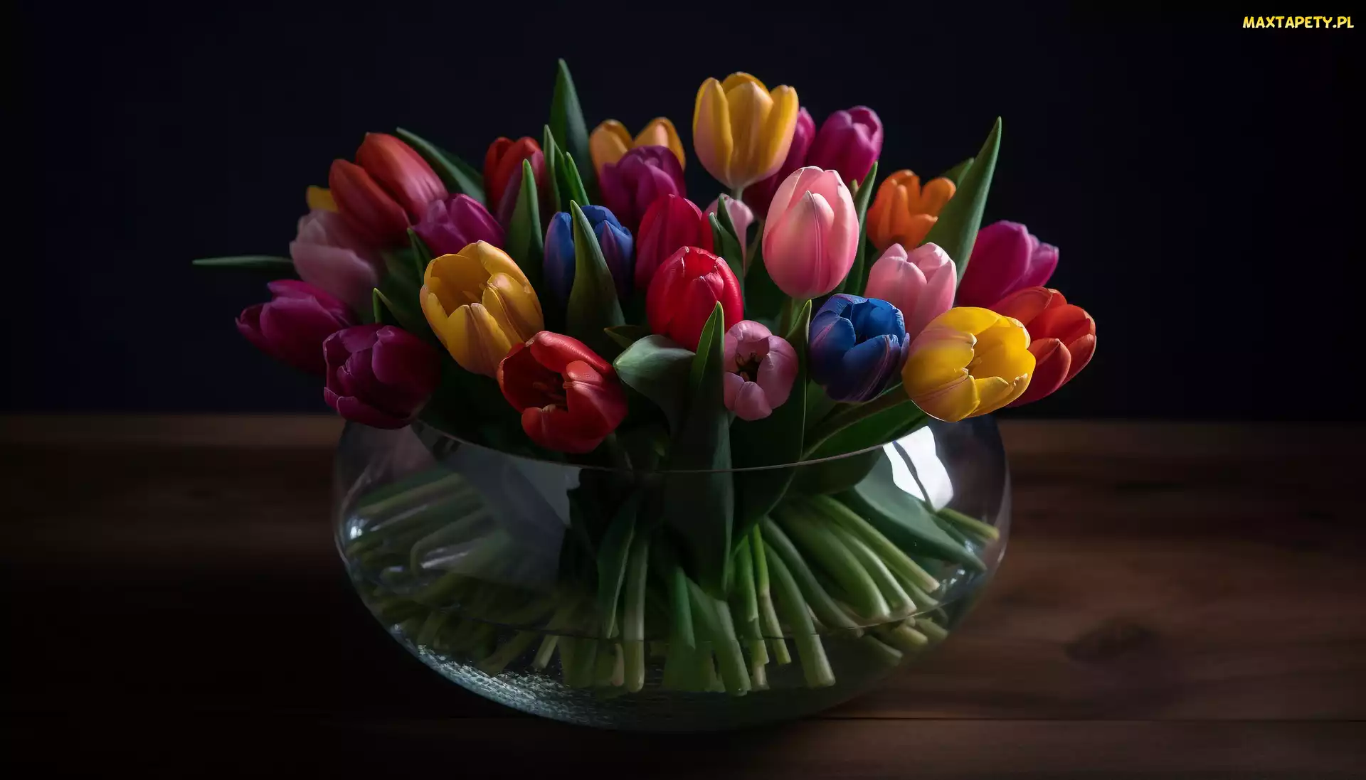 Kolorowe, Wazon, Szklany, Tulipany, Bukiet