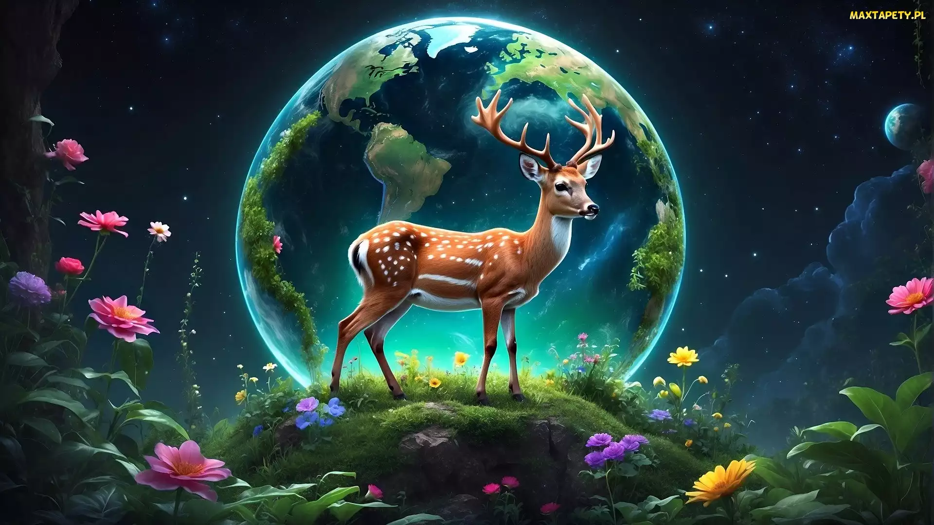 Planeta Ziemia, Kwiaty, Skały, Sarenka, Fantasy